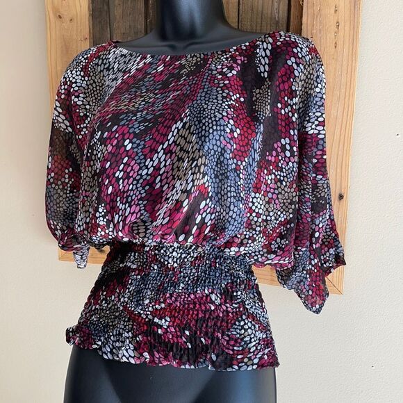 Guess Sheer Red Wine Black Gray Cropped Blouse Elastic Waist Size XSmall - Picture 1 of 14
